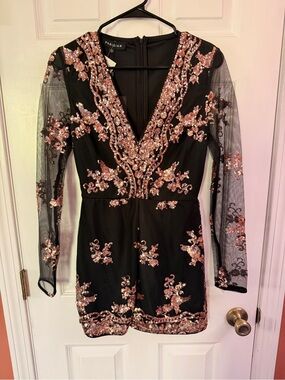 Parisian Black Romper with Rose Gold Sequin Floral Detail